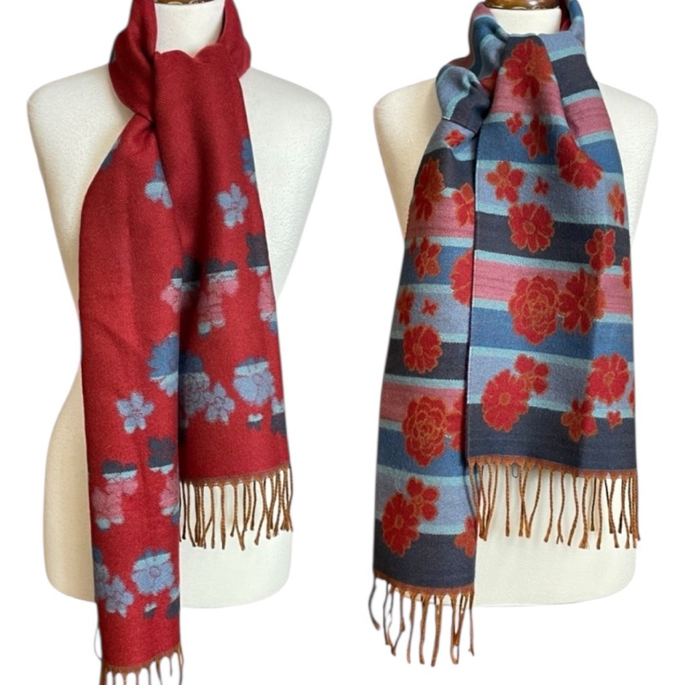 Striped and floral winter scarf with fringe